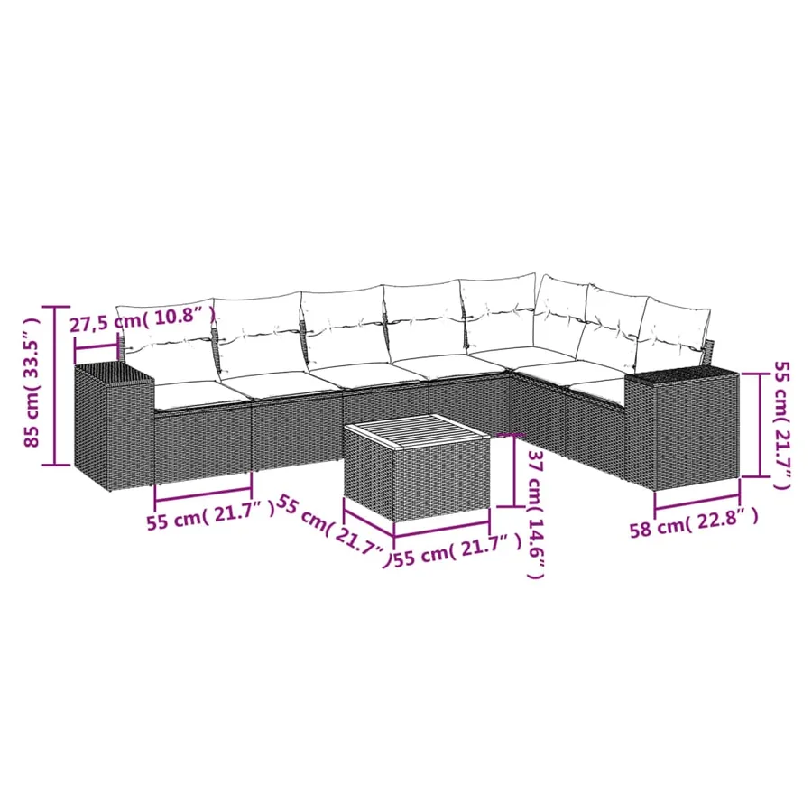 Salon de jardin 8 pcs avec coussins noir résine tressée - 3