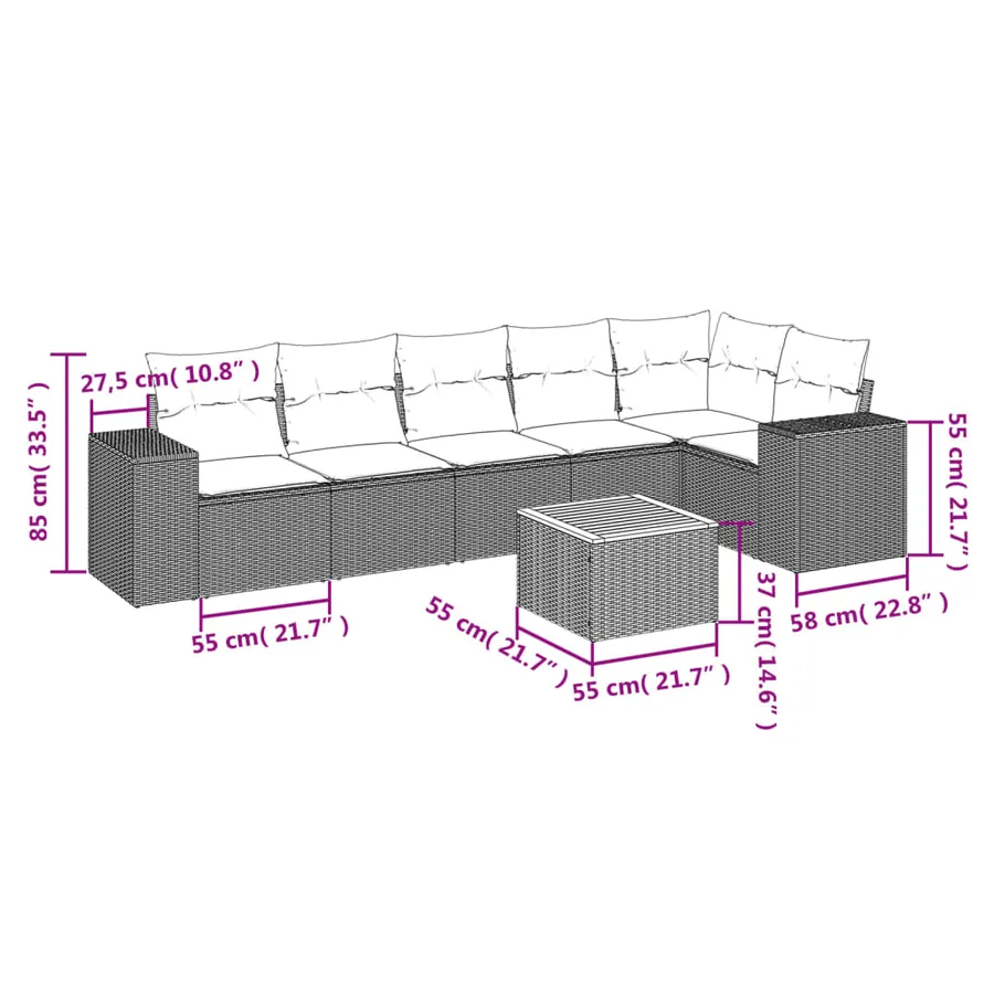 Salon de jardin 7 pcs avec coussins noir résine tressée 62 x 62 x 69 cm - 58,0 kg - 3