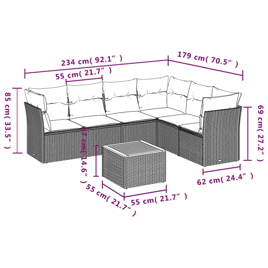 Salon de jardin 7 pcs avec coussins noir résine tressée 62 x 62 x 69 cm - 60,6 kg - 10
