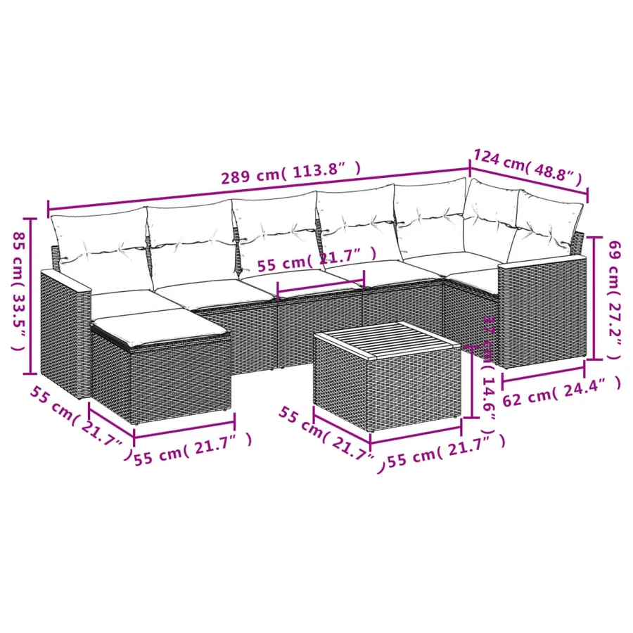 Salon de jardin 8 pcs avec coussins noir résine tressée - 3