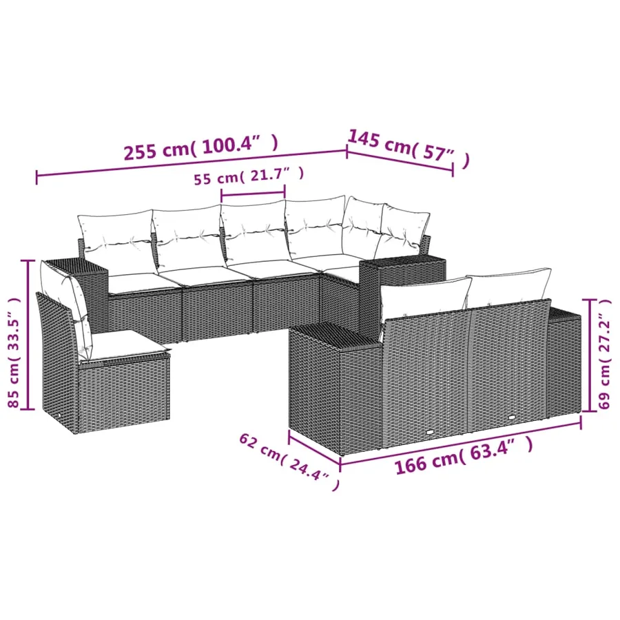 Salon de jardin 8 pcs avec coussins noir résine tressée - 3