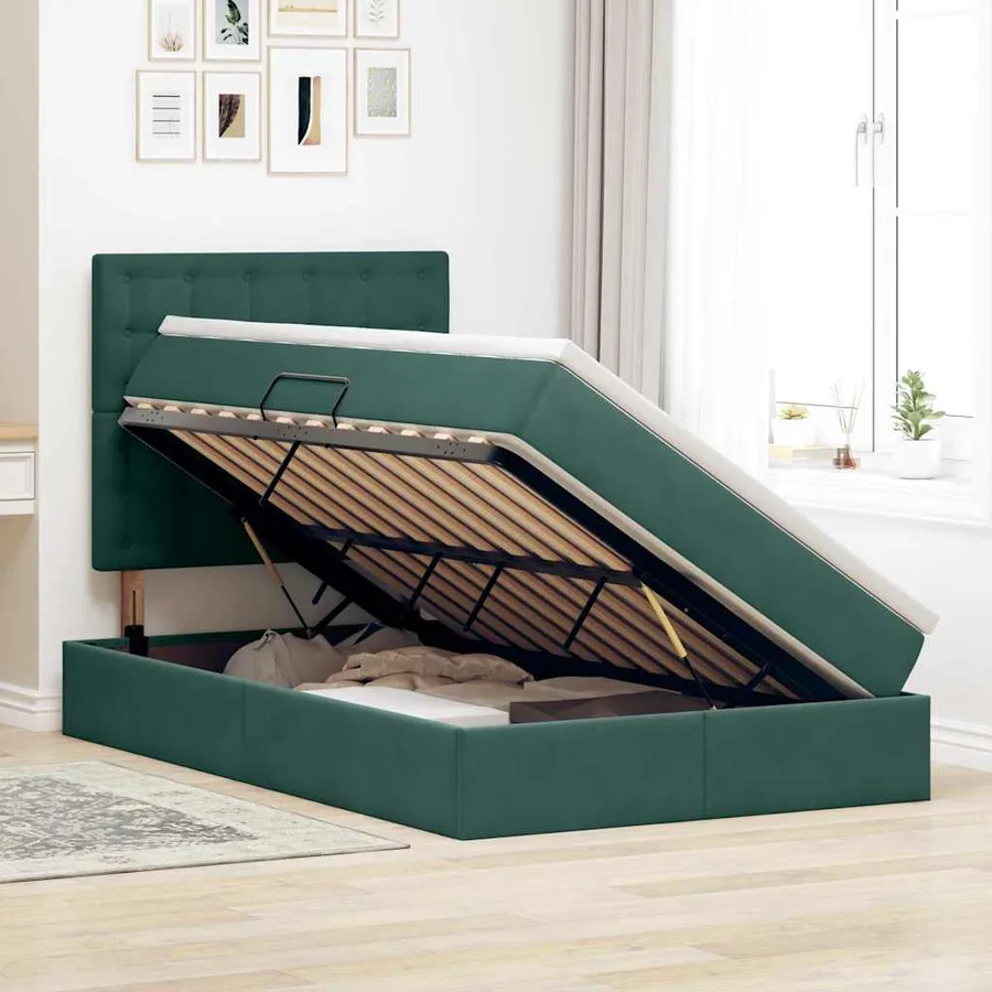 Lit avec rangement et matelas Vert foncé 120 x 190 cm Velours - 4