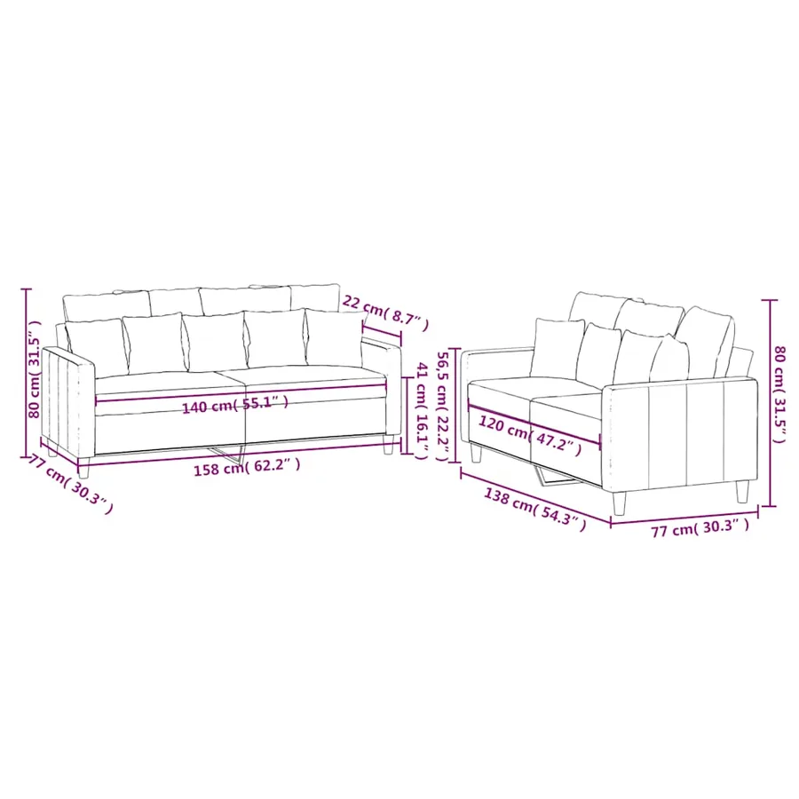 Ensemble de canapés 2 pcs avec coussins Crème Velours - 7