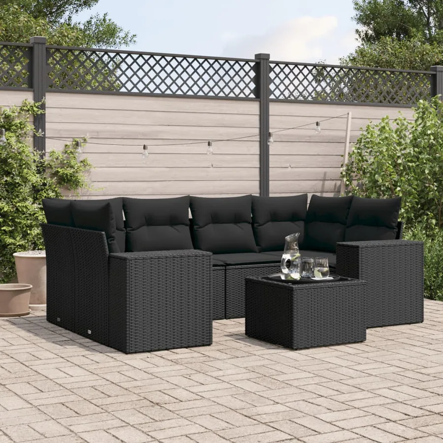 Salon de jardin 7 pcs avec coussins noir résine tressée 62 x 62 x 69 cm - 62,7 kg