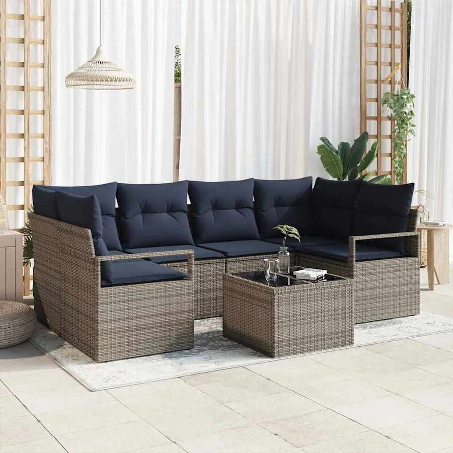 Ensemble de Canapés 7 pcs Gris et bleu polyrotin