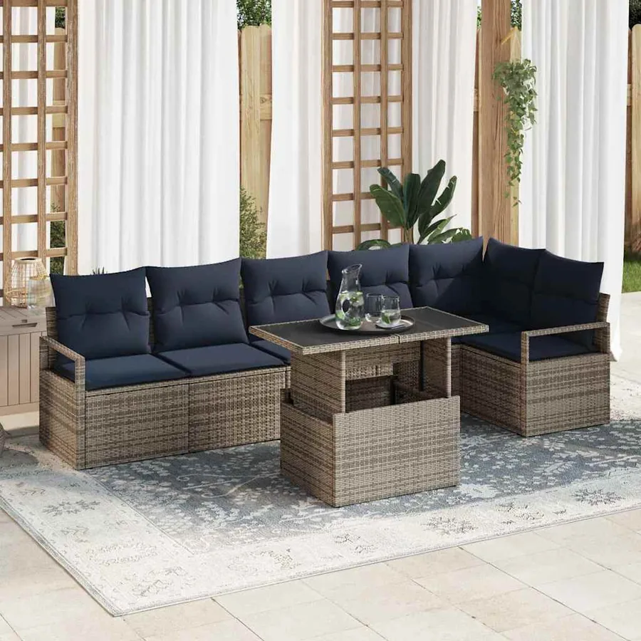 Ensemble de canapé de jardin 7 pcs Gris et bleu marine