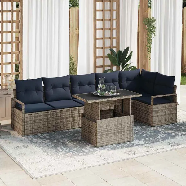 Ensemble de canapé de jardin 7 pcs Gris et bleu marine