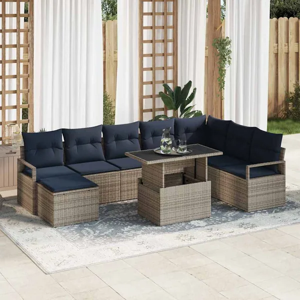 Ensemble de canapé de jardin 9 pcs gris et bleu marine