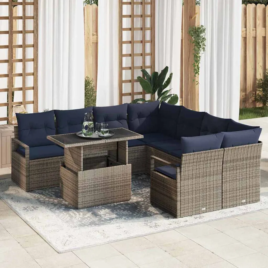 Ensemble de canapé de jardin 9 pcs Gris et bleu marine