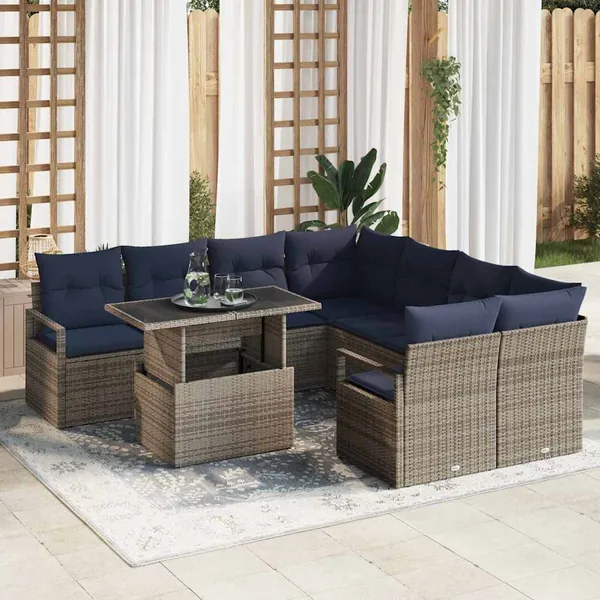 Ensemble de canapé de jardin 9 pcs Gris et bleu marine