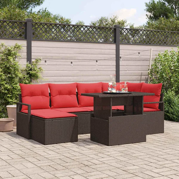 Ensemble de canapé de jardin 7 pcs Marron et rouge Poly rotin