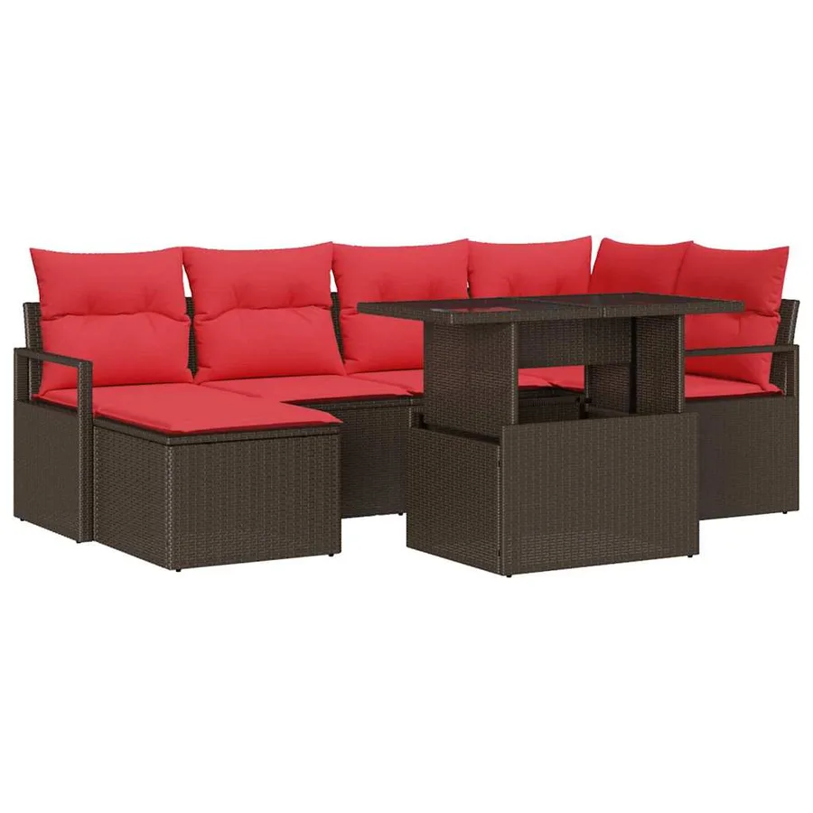 Ensemble de canapé de jardin 7 pcs Marron et rouge Poly rotin - 2