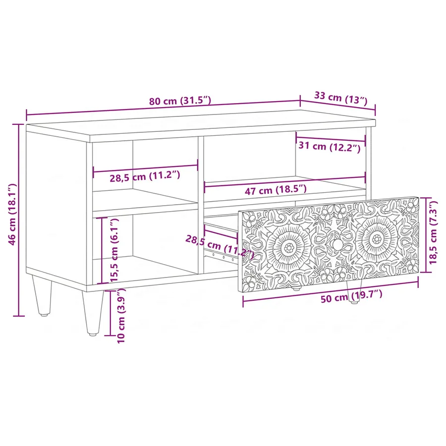 Meuble TV Blanc 80 x 33,5 x 46 cm Bois de mangue massif - 12