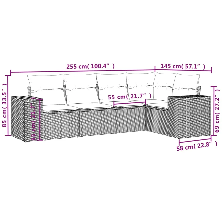 Salon de jardin 5 pcs avec coussins gris résine tressée - 7