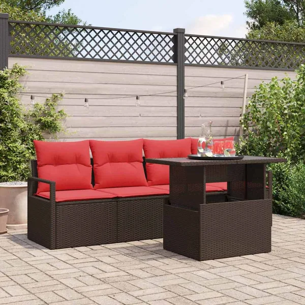 Ensemble de canapé de jardin 5 pcs Marron et rouge polyrotin