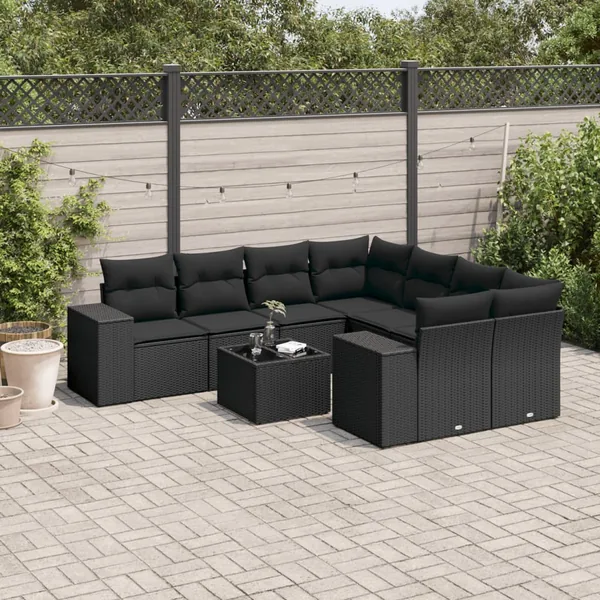 Salon de jardin 9 pcs avec coussins noir résine tressée