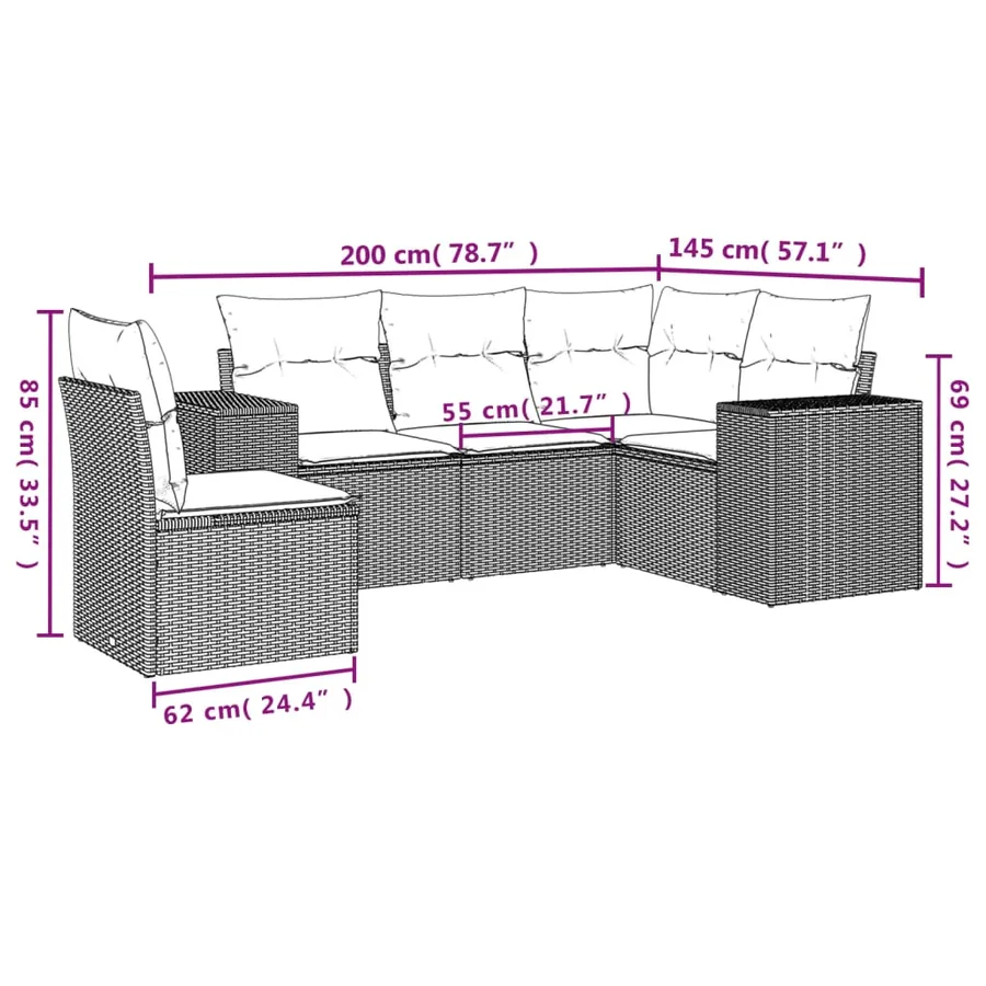 Salon de jardin 5 pcs avec coussins gris résine tressée - 7