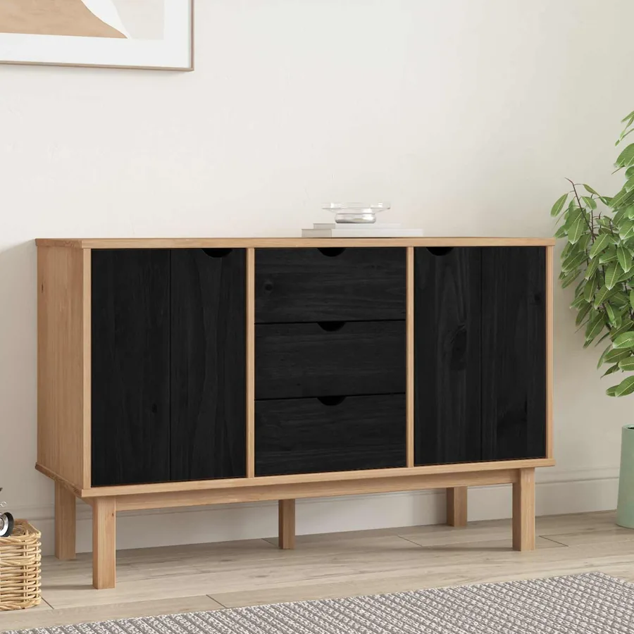 Buffet OTTA Noir 113,5 x 43 x 73 cm Bois de pin massif