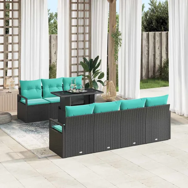 Ensemble de canapé de jardin 8 pcs Noir et Bleu polyrotin