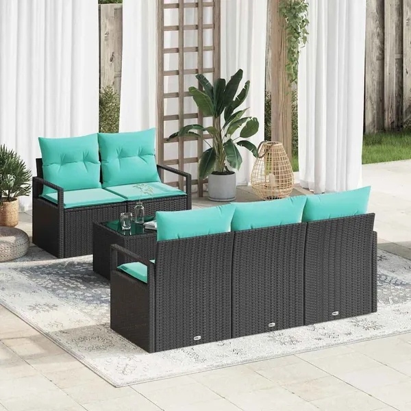 Ensemble de Canapés 6 pcs Noir et turquoise polyrotin