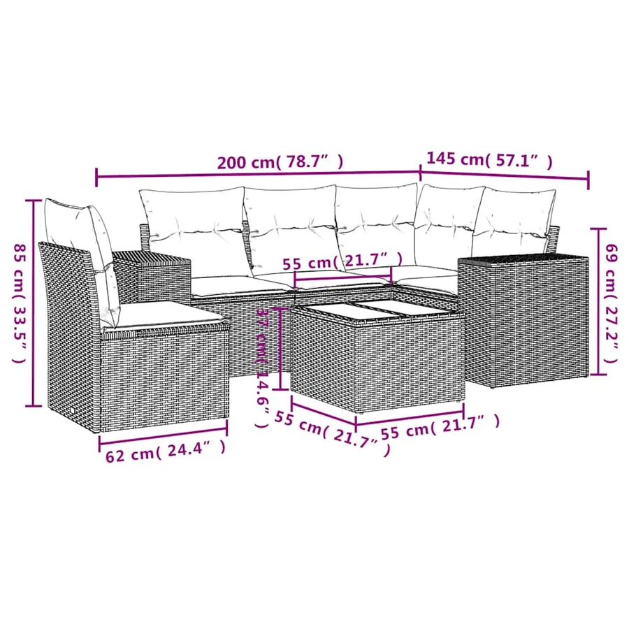 Salon de jardin 6 pcs avec coussins noir résine tressée - 8