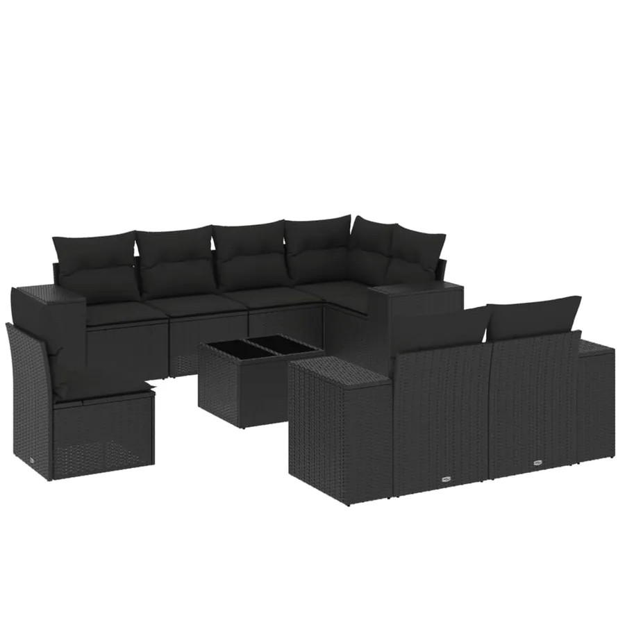 Salon de jardin 9 pcs avec coussins noir résine tressée - 2