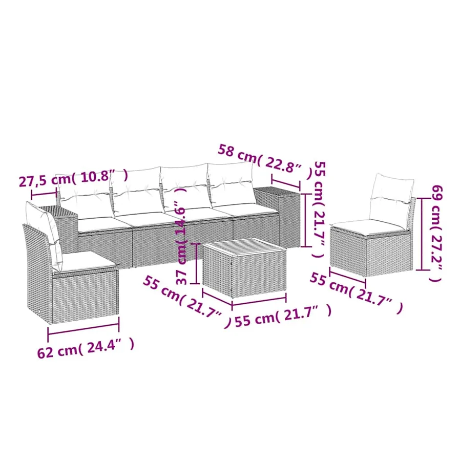 Salon de jardin 7 pcs avec coussins noir résine tressée 55 x 62 x 69 cm - 56,2 kg - 3