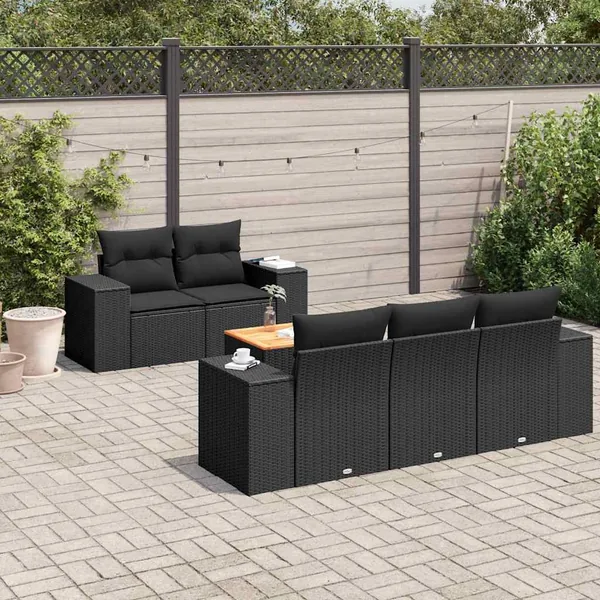 Salon de jardin 6 pcs avec coussins noir résine tressée