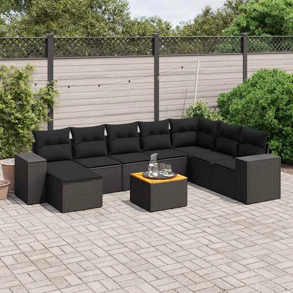 Salon de jardin 9 pcs avec coussins noir résine tressée