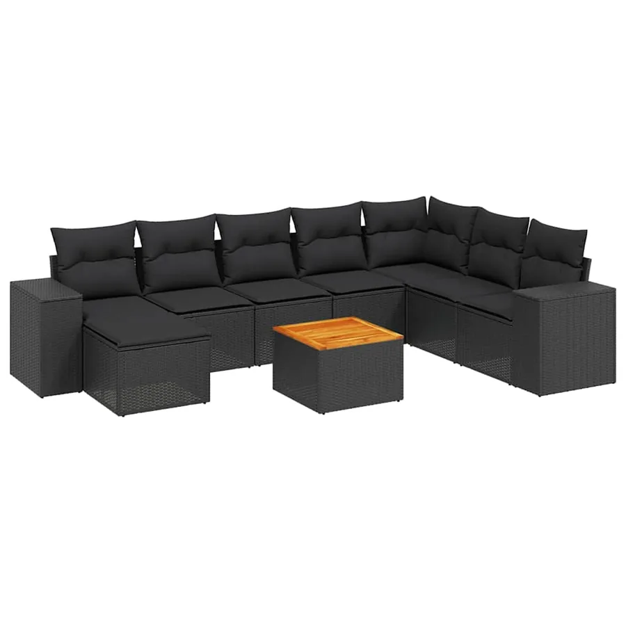 Salon de jardin 9 pcs avec coussins noir résine tressée - 2