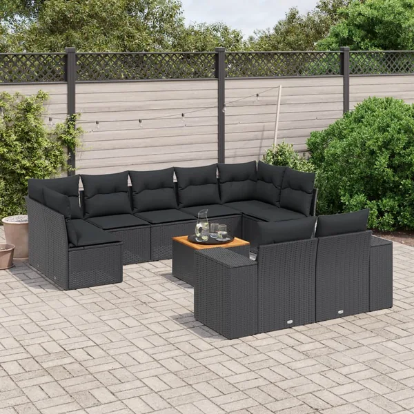 Salon de jardin 10 pcs avec coussins noir résine tressée