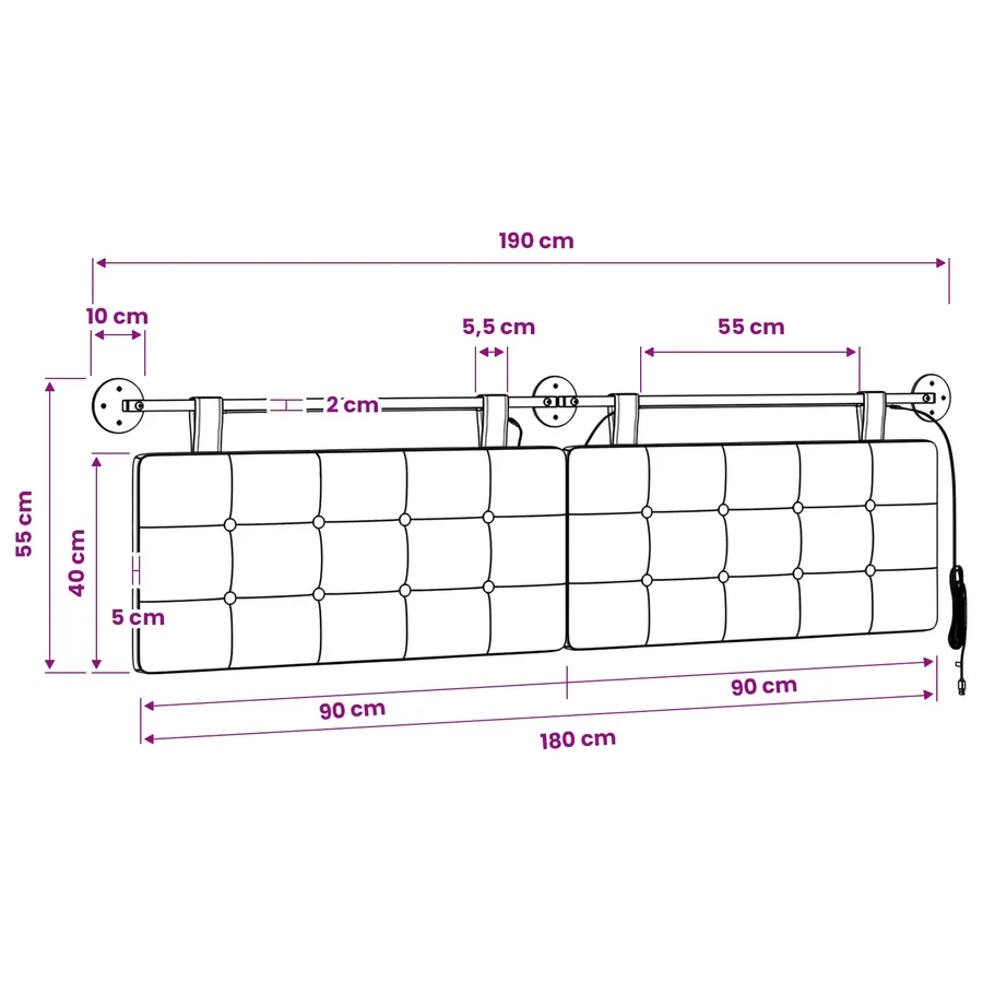 Tête de lit suspendue Avec lumière LED Rose Tissu - 13