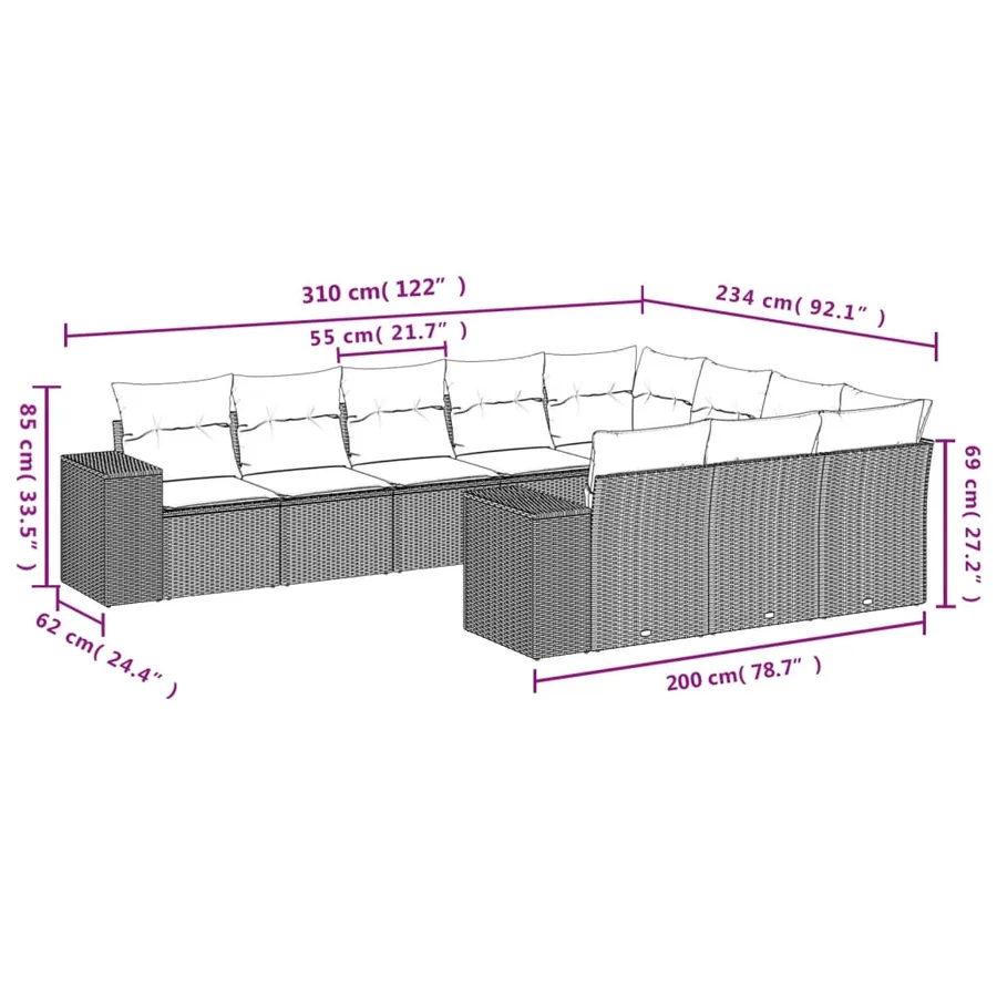 Salon de jardin avec coussins 10 pcs gris résine tressée - 7