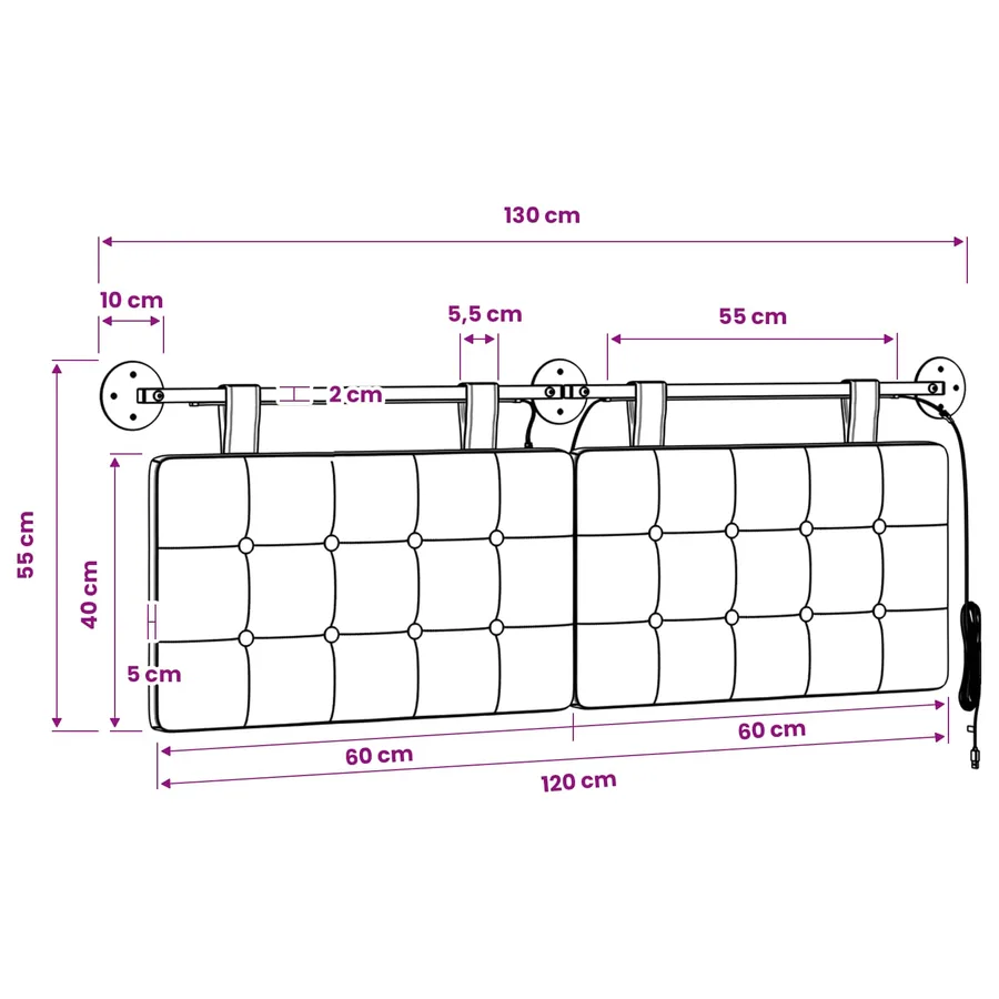 Tête de lit suspendue Avec lumière LED Blanc Tissu - 13