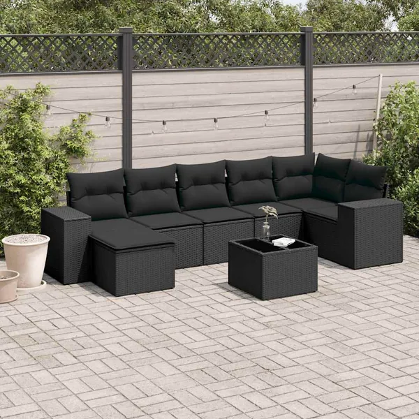Salon de jardin 8 pcs avec coussins noir résine tressée