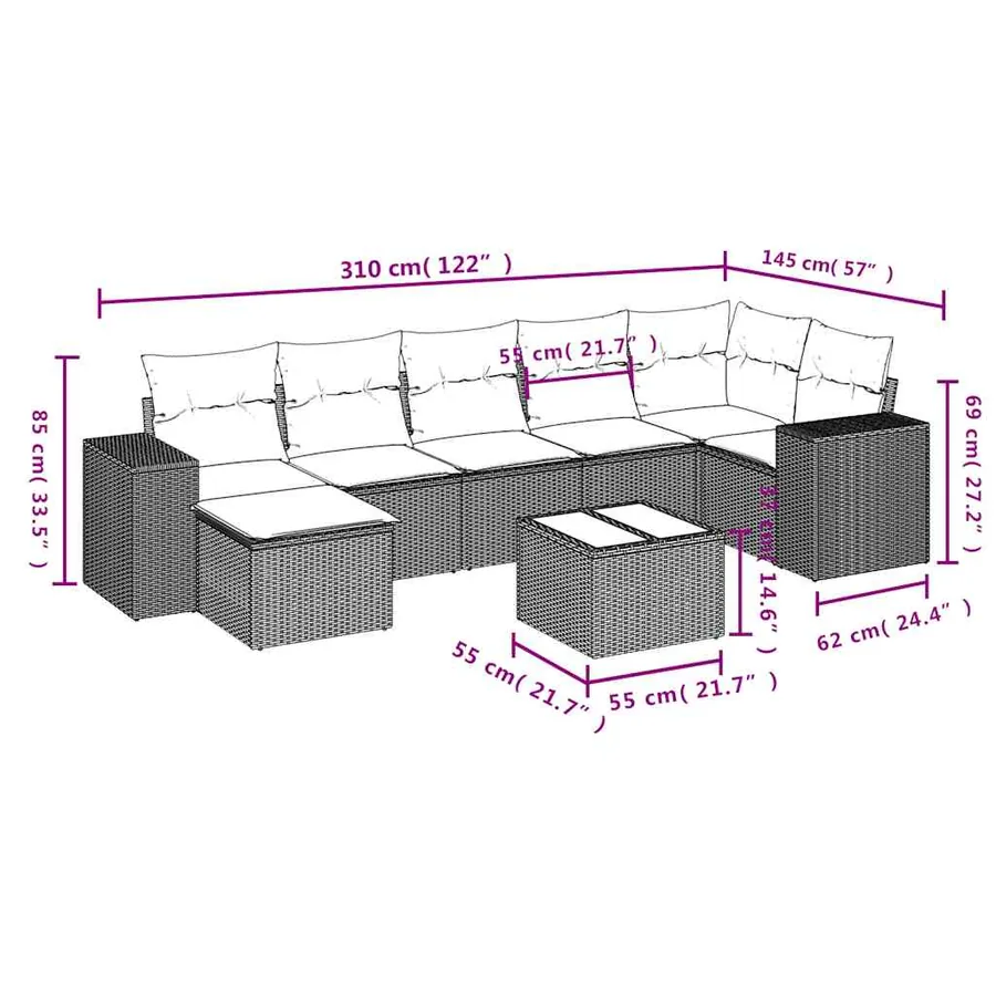 Salon de jardin 8 pcs avec coussins noir résine tressée - 9