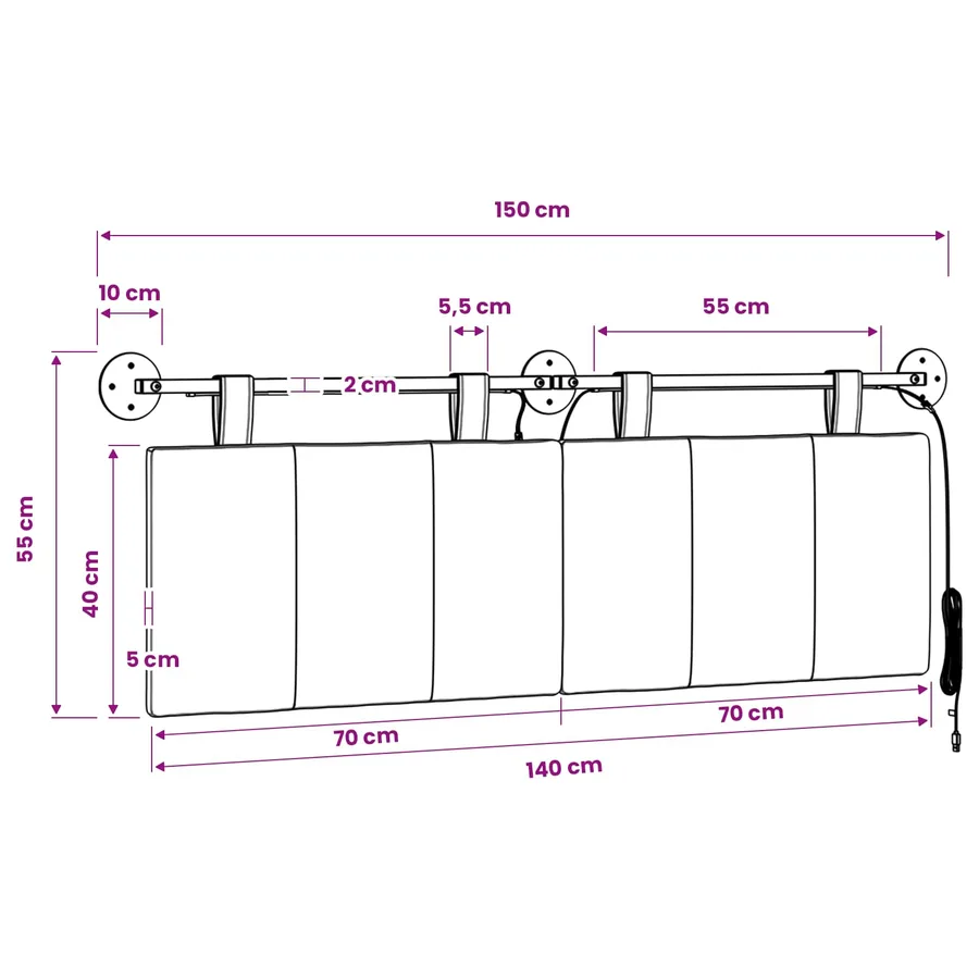 Tête de lit suspendue Avec lumière LED Blanc Tissu - 13