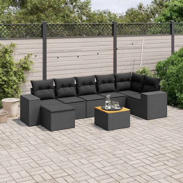 Salon de jardin 8 pcs avec coussins noir résine tressée