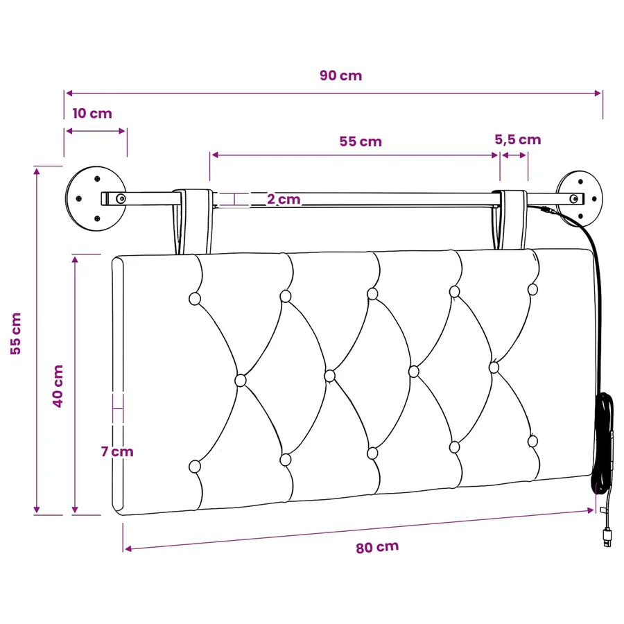 Tête de lit suspendue Avec lumière LED Marron Velours - 13
