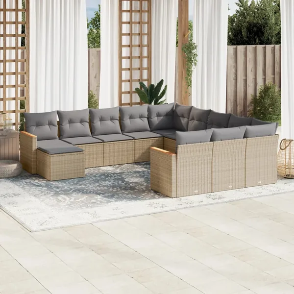 Salon de jardin et coussins 12 pcs mélange beige résine tressée