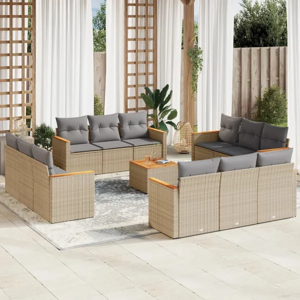Salon de jardin et coussins 13 pcs mélange beige résine tressée