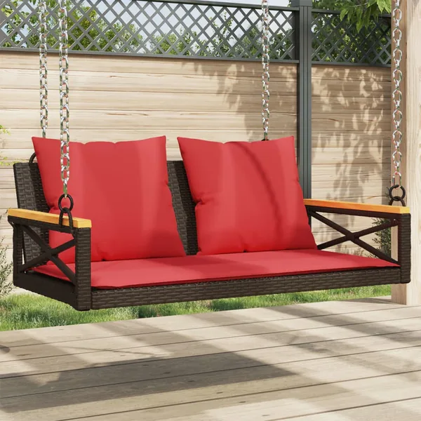 Balancelle avec coussins marron 109x62x40 cm résine tressée