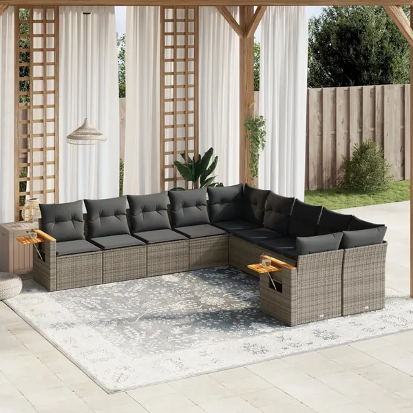 Salon de jardin avec coussins 10 pcs gris résine tressée