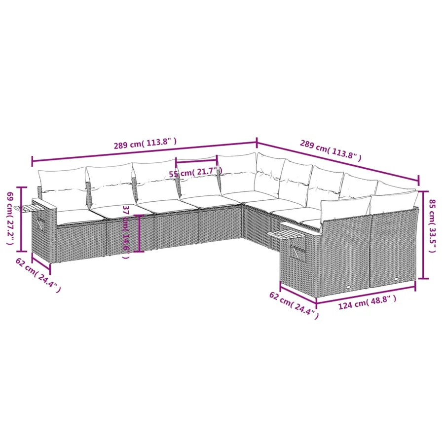 Salon de jardin avec coussins 10 pcs gris résine tressée - 7
