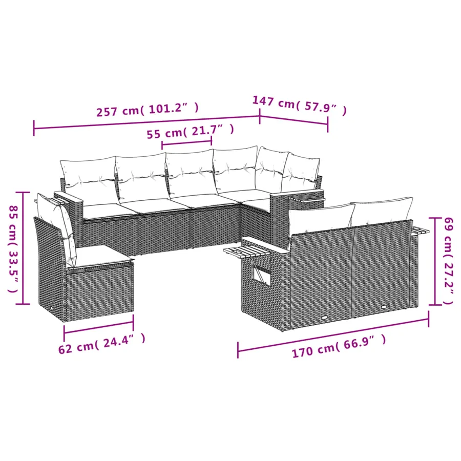 Salon de jardin 8 pcs avec coussins gris résine tressée - 8