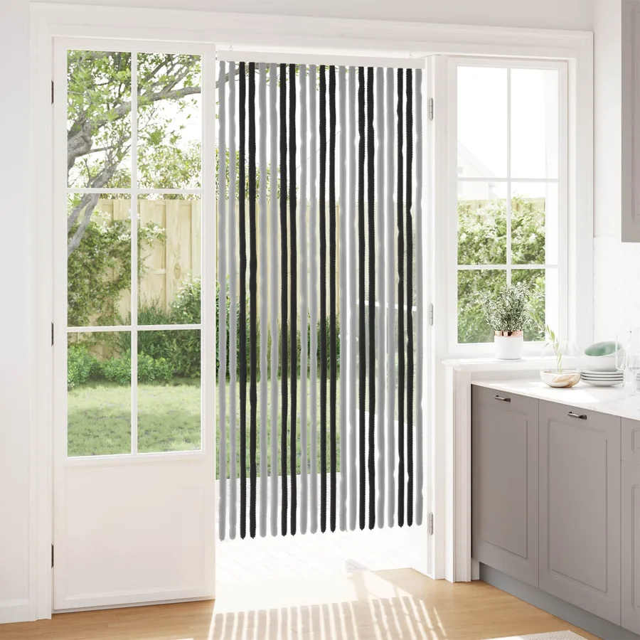 Rideau anti-insectes en chenille Gris et Noir 90 x 200 cm