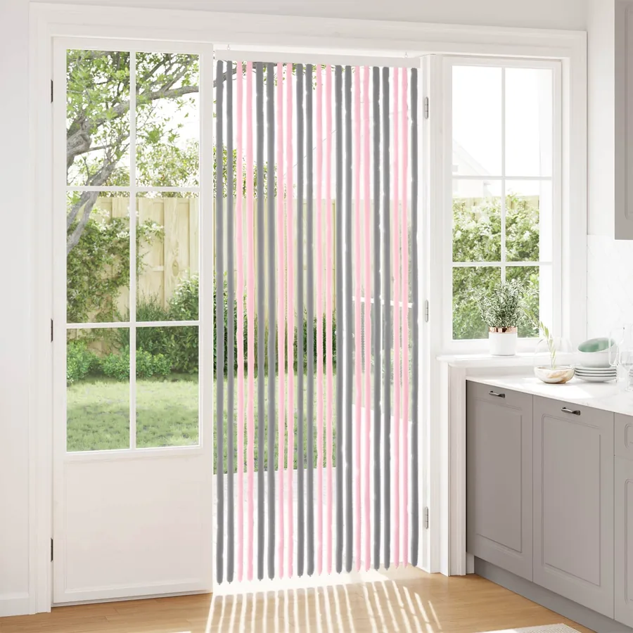 Rideau anti-insectes en chenille Gris Argent et Rose