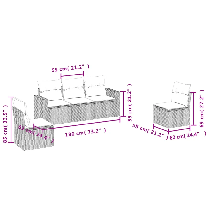 Salon de jardin 5 pcs avec coussins gris résine tressée - 3