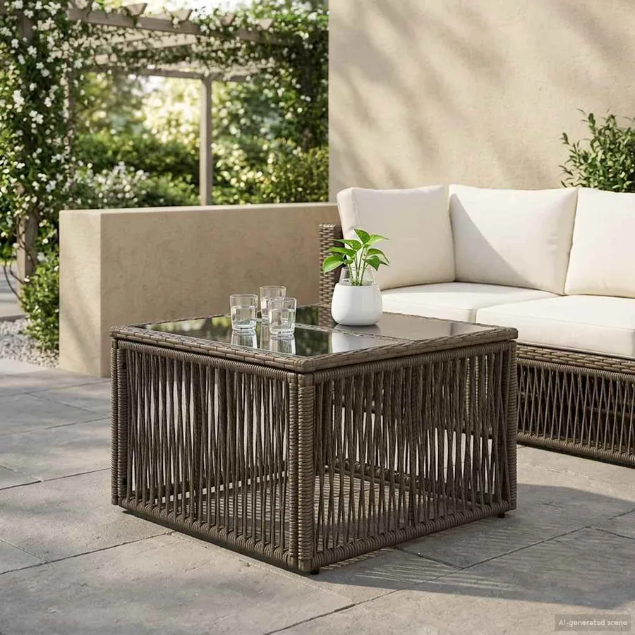 Table de Jardin Gris et Noir 55 x 55 x 37 cm Rattan PE et Verre