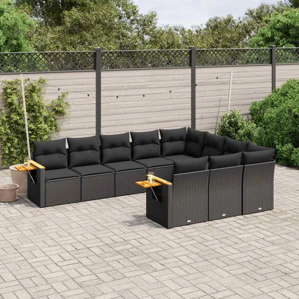 Salon de jardin 10 pcs avec coussins noir résine tressée